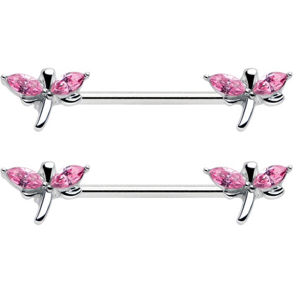 14G 5/8 Pink Gem Simple Styled Dragonfly Barbell Nipple Ring Set