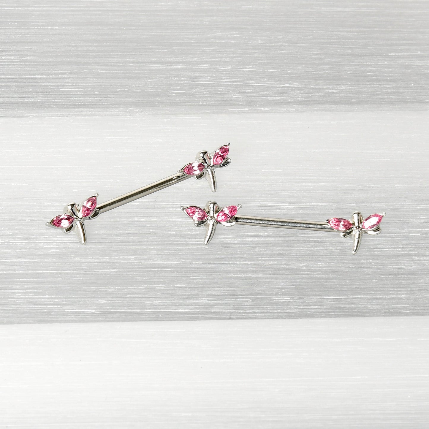 14G 5/8 Pink Gem Simple Styled Dragonfly Barbell Nipple Ring Set