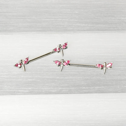 14G 5/8 Pink Gem Simple Styled Dragonfly Barbell Nipple Ring Set