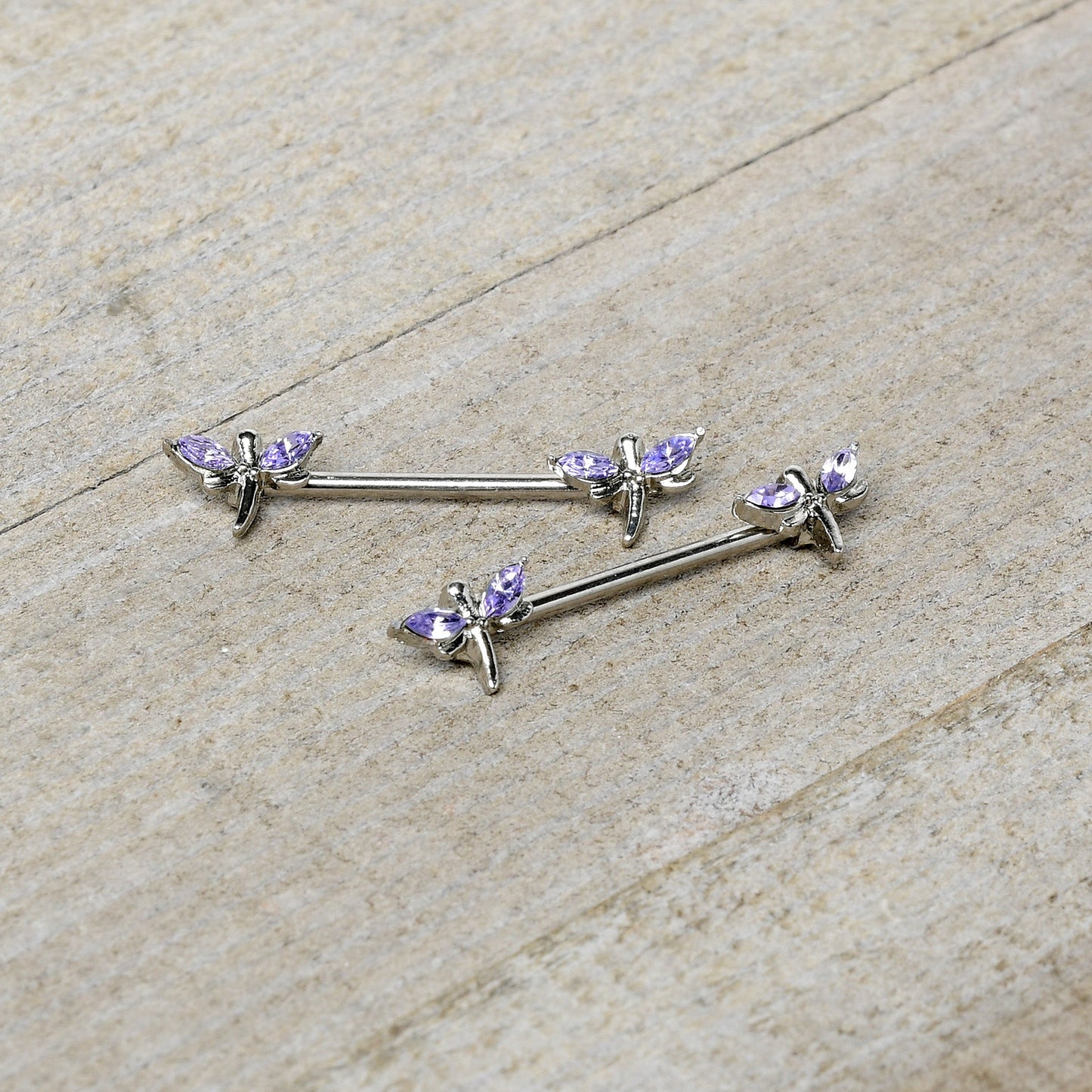 14G 5/8 Purple Gem Simple Styled Dragonfly Barbell Nipple Ring Set