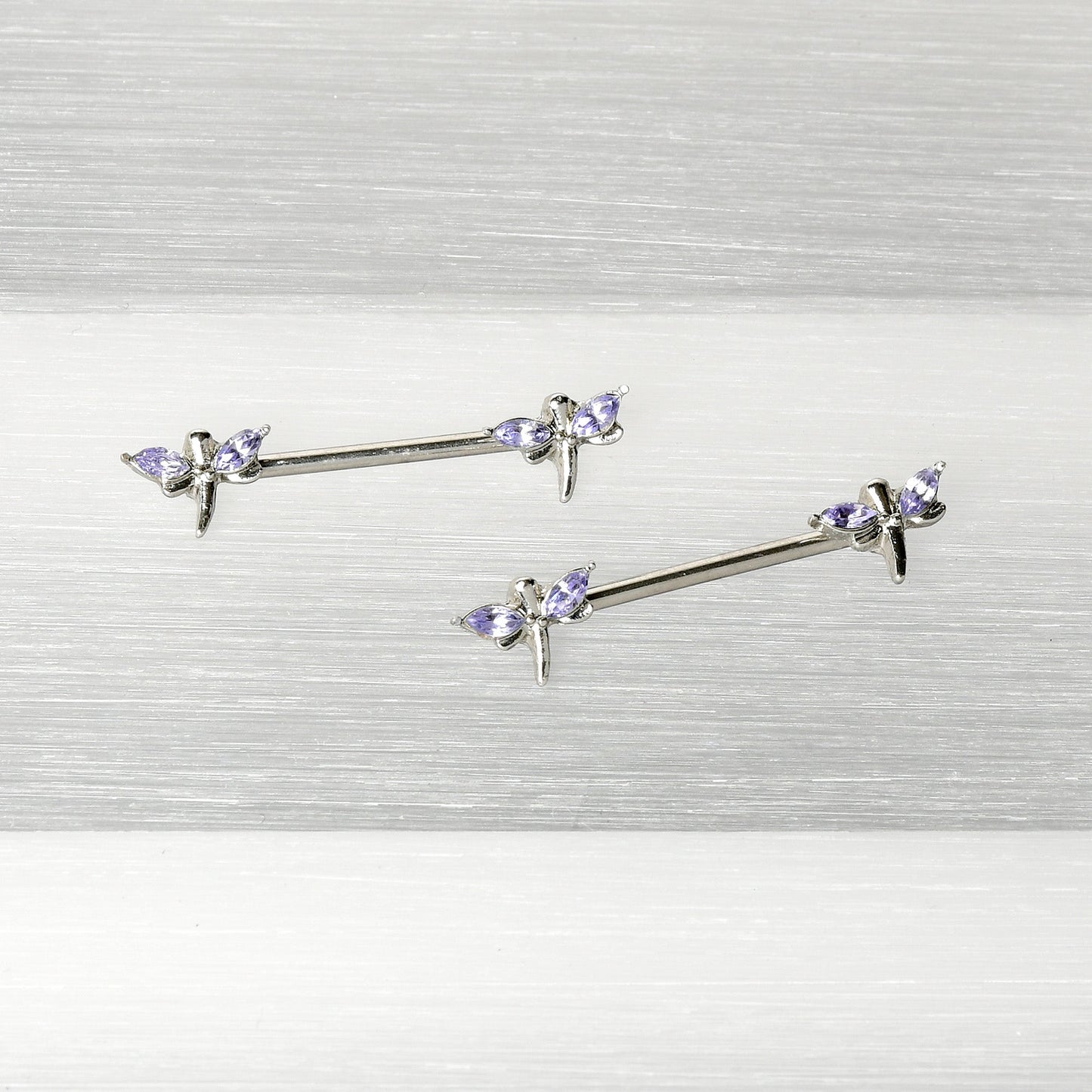 14G 5/8 Purple Gem Simple Styled Dragonfly Barbell Nipple Ring Set
