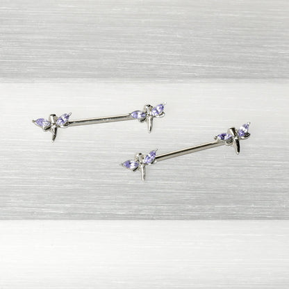 14G 5/8 Purple Gem Simple Styled Dragonfly Barbell Nipple Ring Set