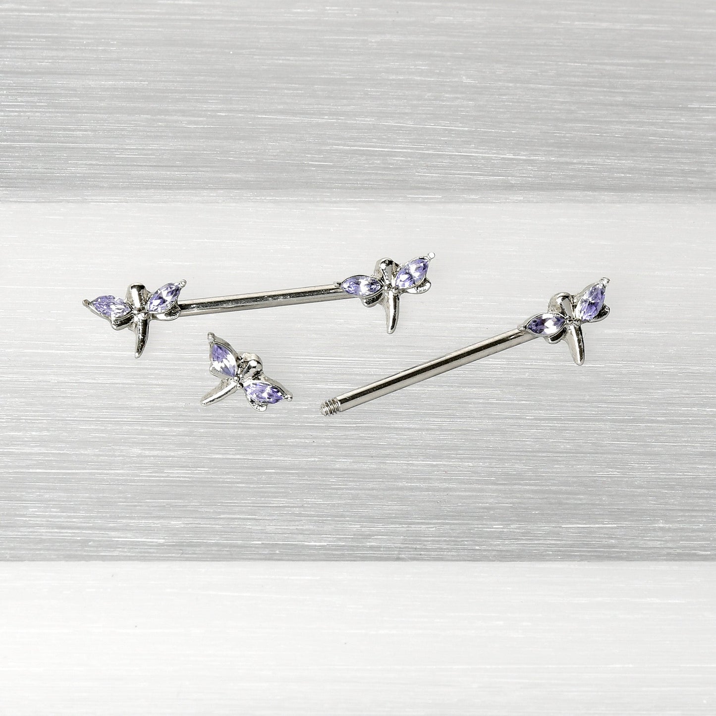14G 5/8 Purple Gem Simple Styled Dragonfly Barbell Nipple Ring Set