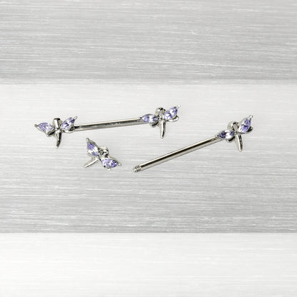 14G 5/8 Purple Gem Simple Styled Dragonfly Barbell Nipple Ring Set