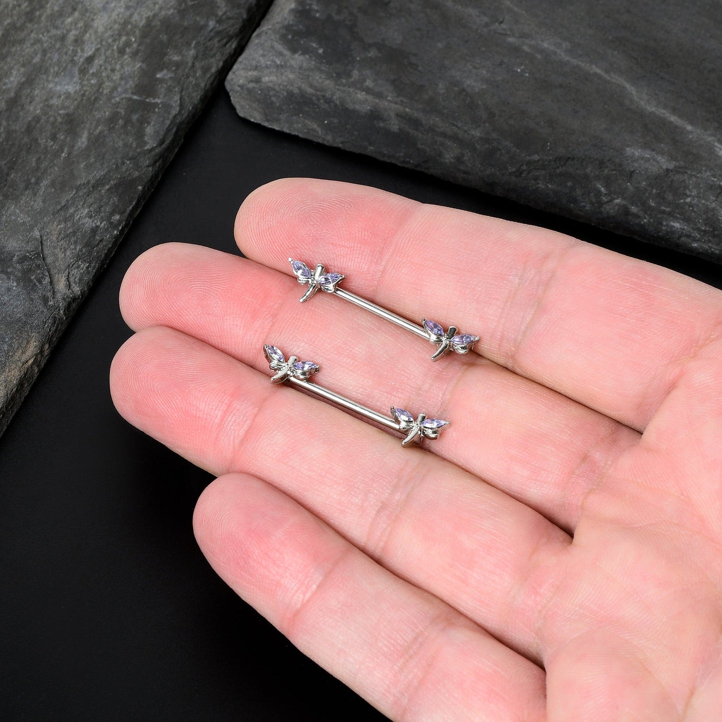 14G 5/8 Purple Gem Simple Styled Dragonfly Barbell Nipple Ring Set