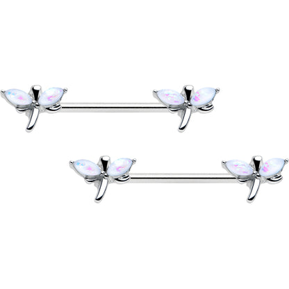 14G 5/8 White Faux Opal Styled Dragonfly Barbell Nipple Ring Set