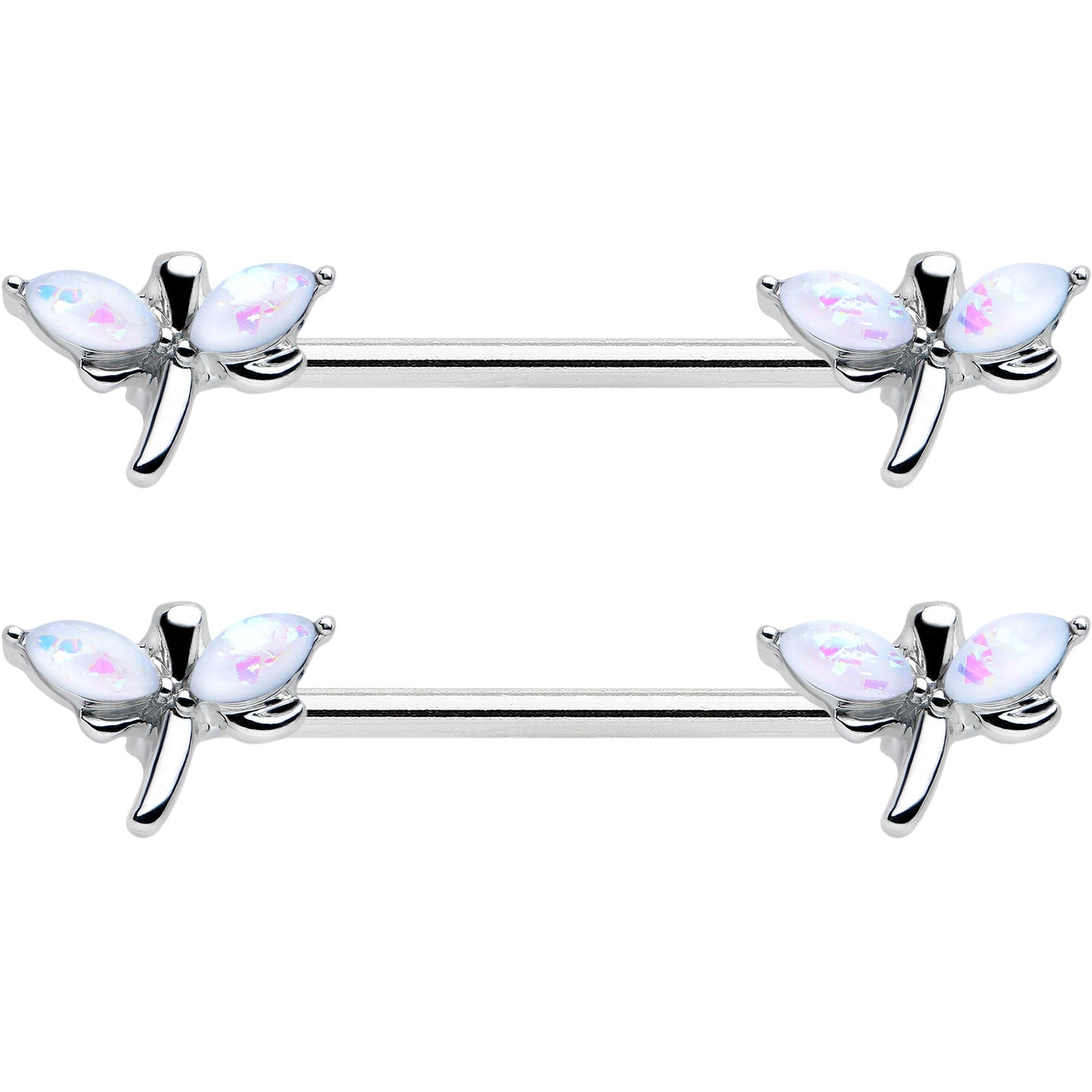 14G 5/8 White Faux Opal Styled Dragonfly Barbell Nipple Ring Set