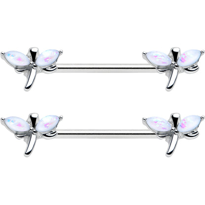 14G 5/8 White Faux Opal Styled Dragonfly Barbell Nipple Ring Set