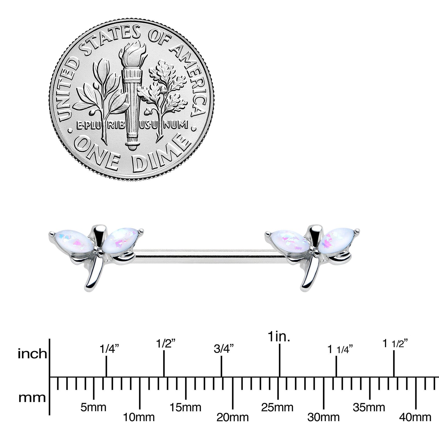 14G 5/8 White Faux Opal Styled Dragonfly Barbell Nipple Ring Set