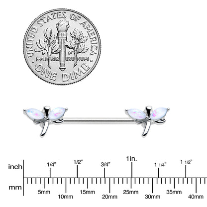 14G 5/8 White Faux Opal Styled Dragonfly Barbell Nipple Ring Set