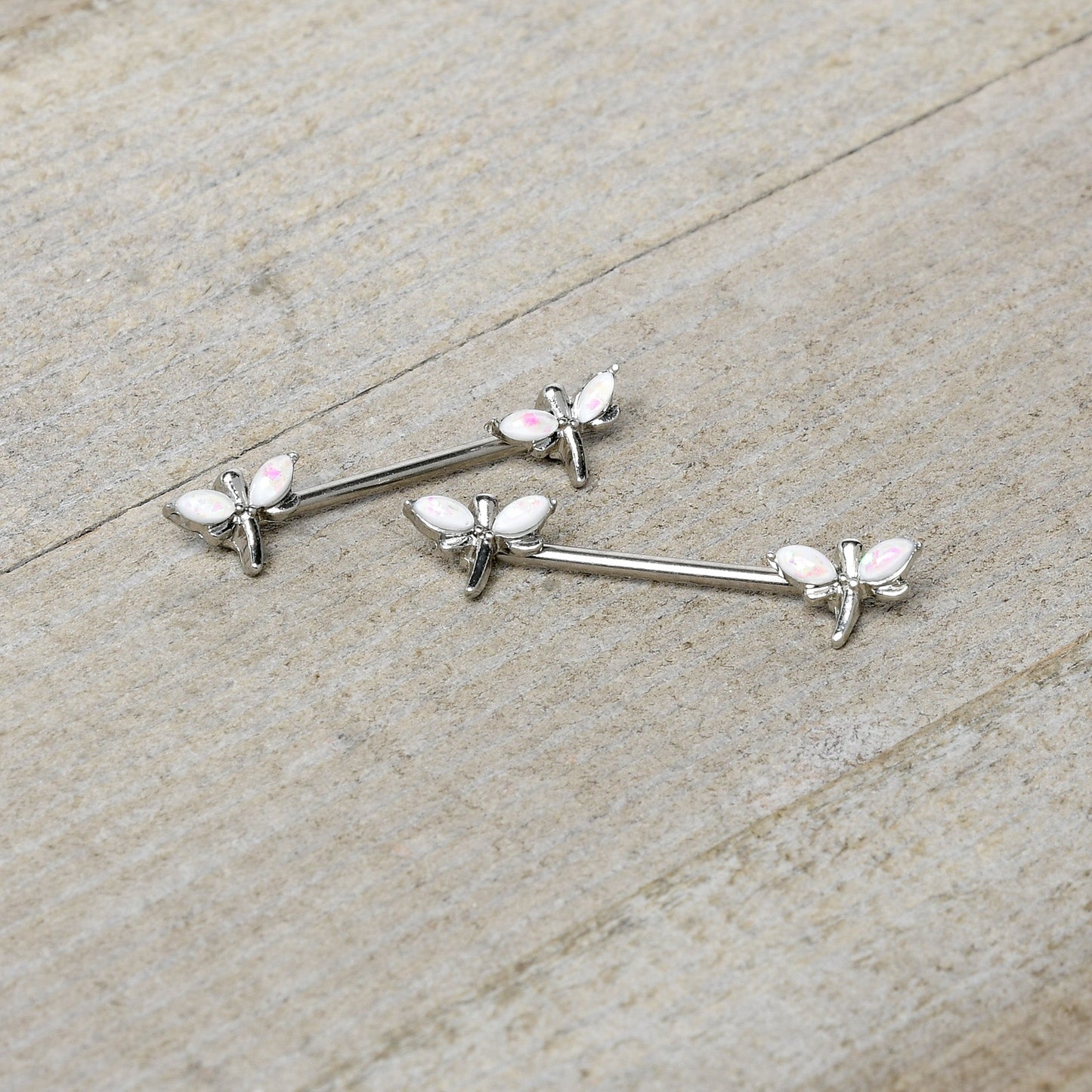 14G 5/8 White Faux Opal Styled Dragonfly Barbell Nipple Ring Set