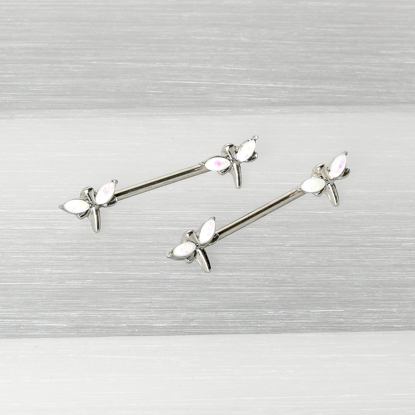 14G 5/8 White Faux Opal Styled Dragonfly Barbell Nipple Ring Set