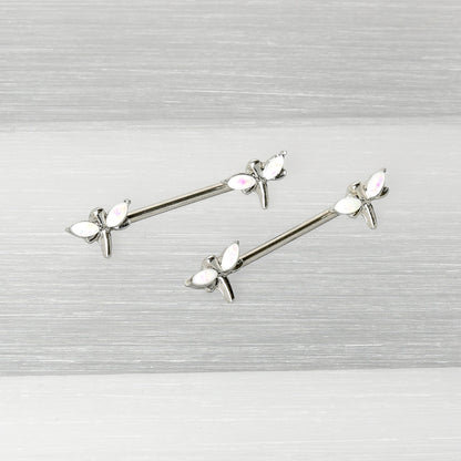 14G 5/8 White Faux Opal Styled Dragonfly Barbell Nipple Ring Set