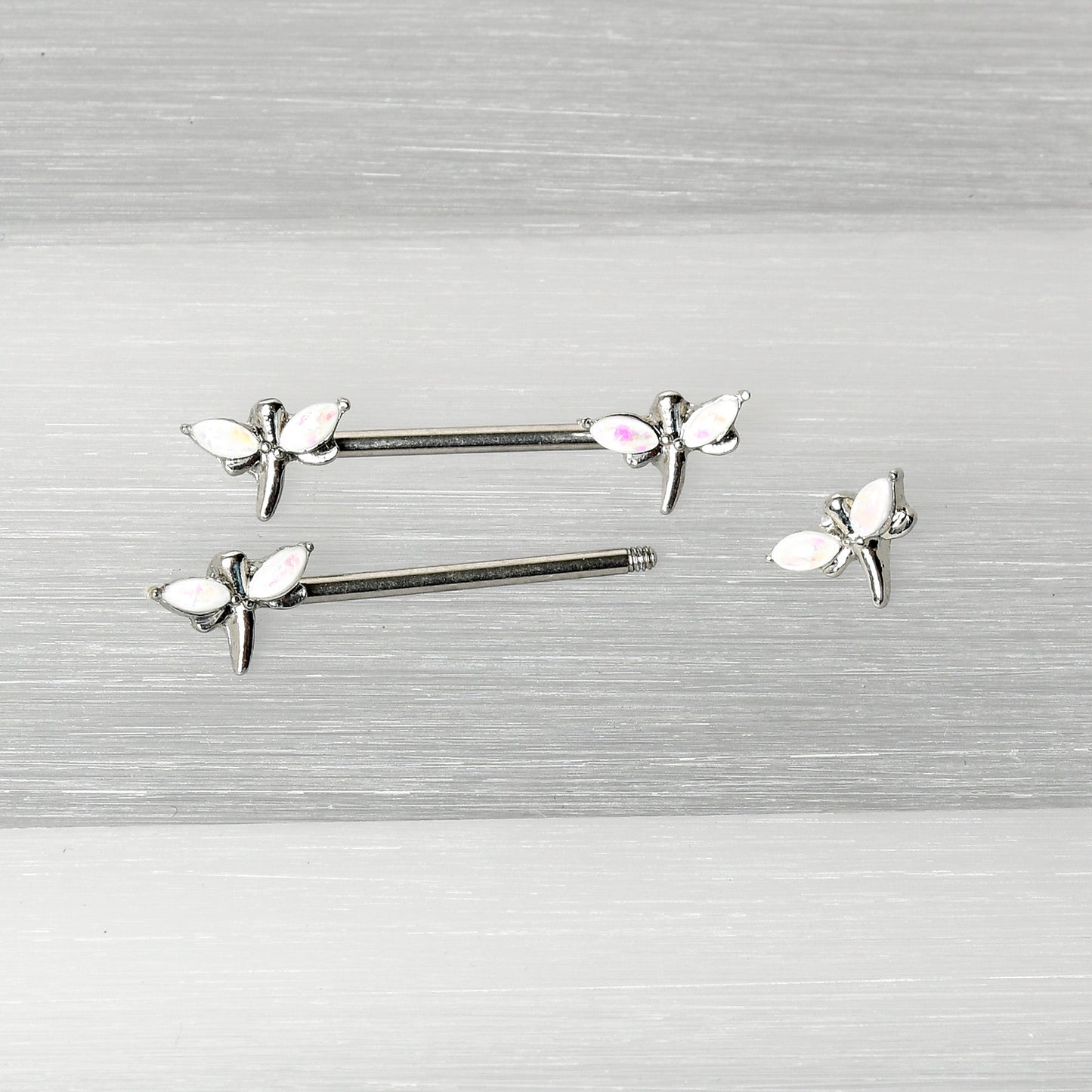 14G 5/8 White Faux Opal Styled Dragonfly Barbell Nipple Ring Set