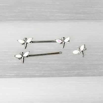 14G 5/8 White Faux Opal Styled Dragonfly Barbell Nipple Ring Set