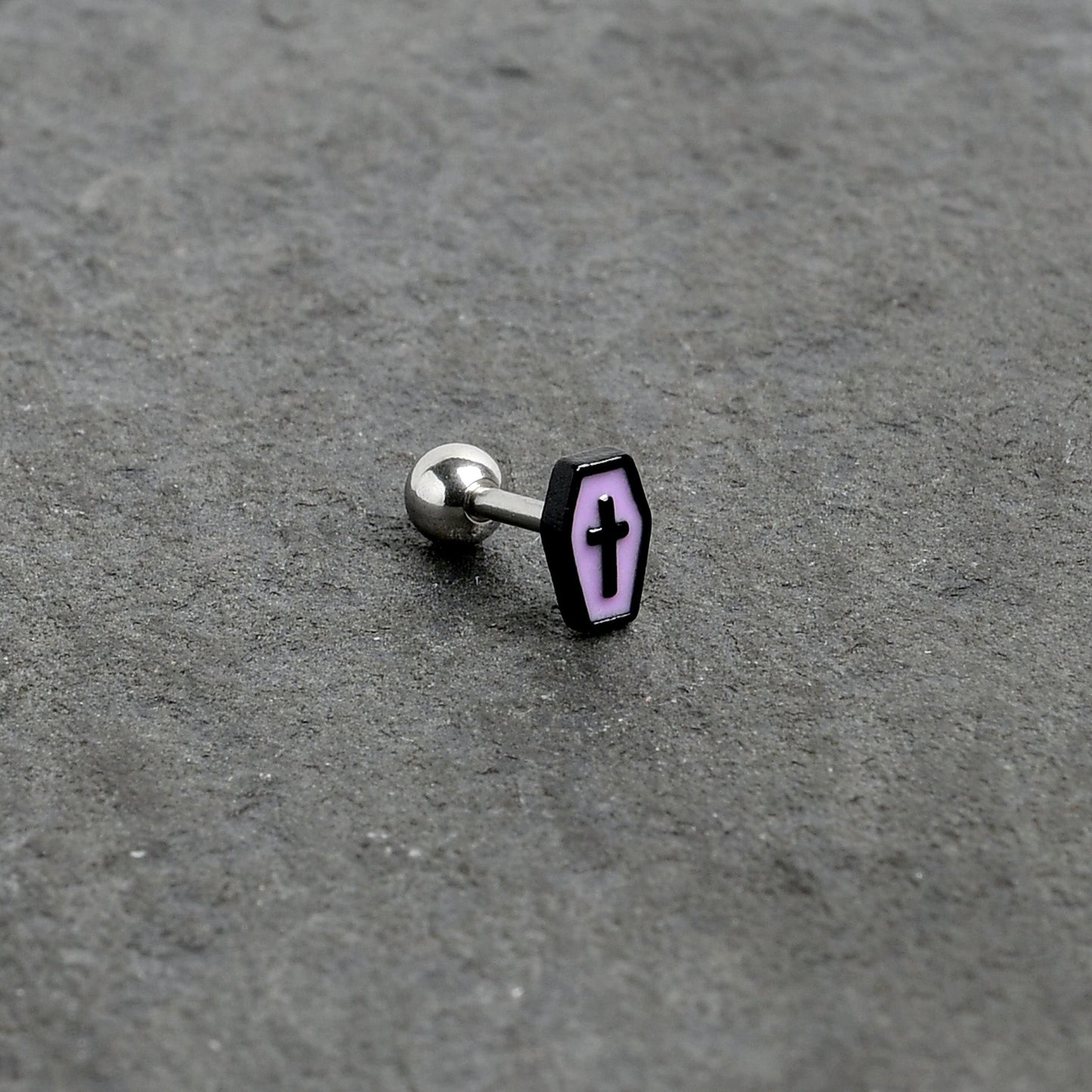 16G 1/4 Creepy Coffin Lt Purple Glow in Dark Cartilage Earring