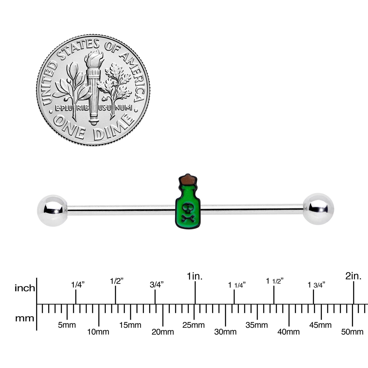 14G Poison Green Bottle Glow in the Dark Industrial Barbell 38mm