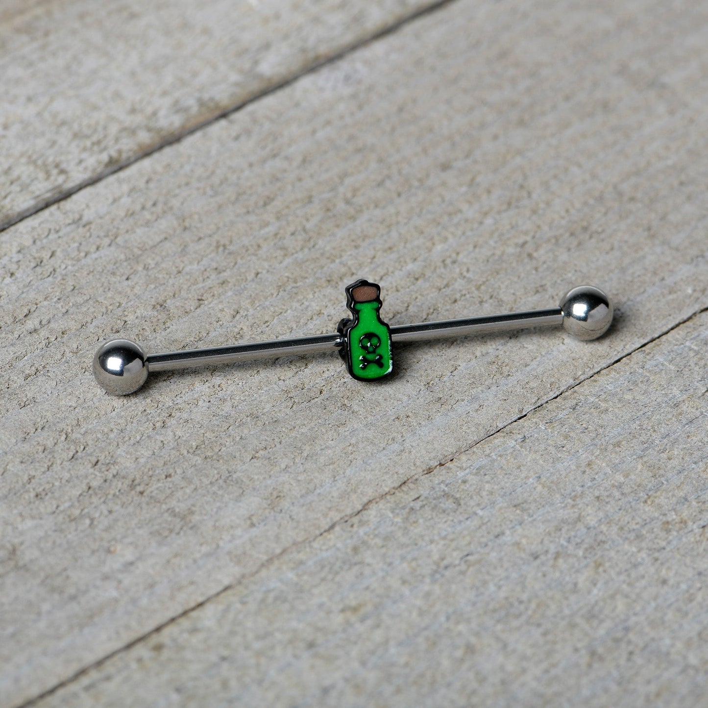 14G Poison Green Bottle Glow in the Dark Industrial Barbell 38mm