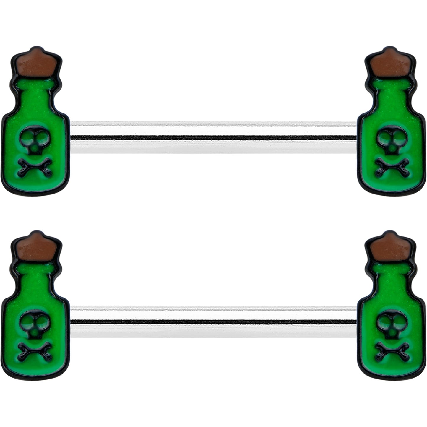 14G 9/16 Poison Green Bottle Glow in Dark Barbell Nipple Ring Set