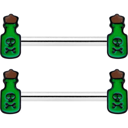 14G 9/16 Poison Green Bottle Glow in Dark Barbell Nipple Ring Set