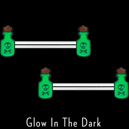 14G 9/16 Poison Green Bottle Glow in Dark Barbell Nipple Ring Set