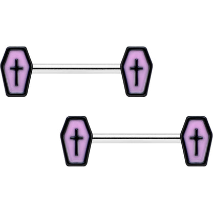 14G 9/16 Creepy Coffin Lt Purple Glow in the Dark Nipple Ring Set