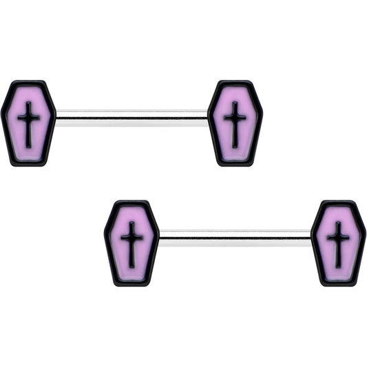 14G 9/16 Creepy Coffin Lt Purple Glow in the Dark Nipple Ring Set