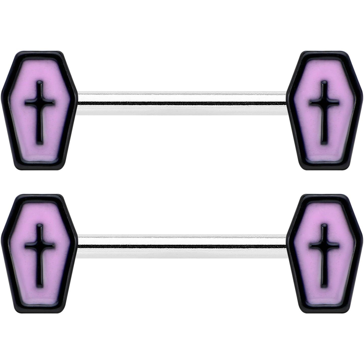 14G 9/16 Creepy Coffin Lt Purple Glow in the Dark Nipple Ring Set