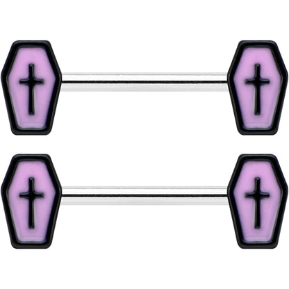 14G 9/16 Creepy Coffin Lt Purple Glow in the Dark Nipple Ring Set