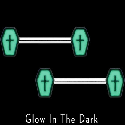 14G 9/16 Creepy Coffin Lt Purple Glow in the Dark Nipple Ring Set
