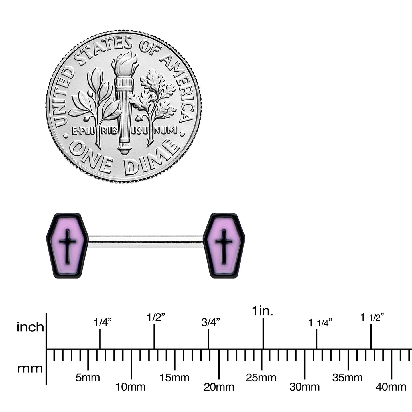 14G 9/16 Creepy Coffin Lt Purple Glow in the Dark Nipple Ring Set