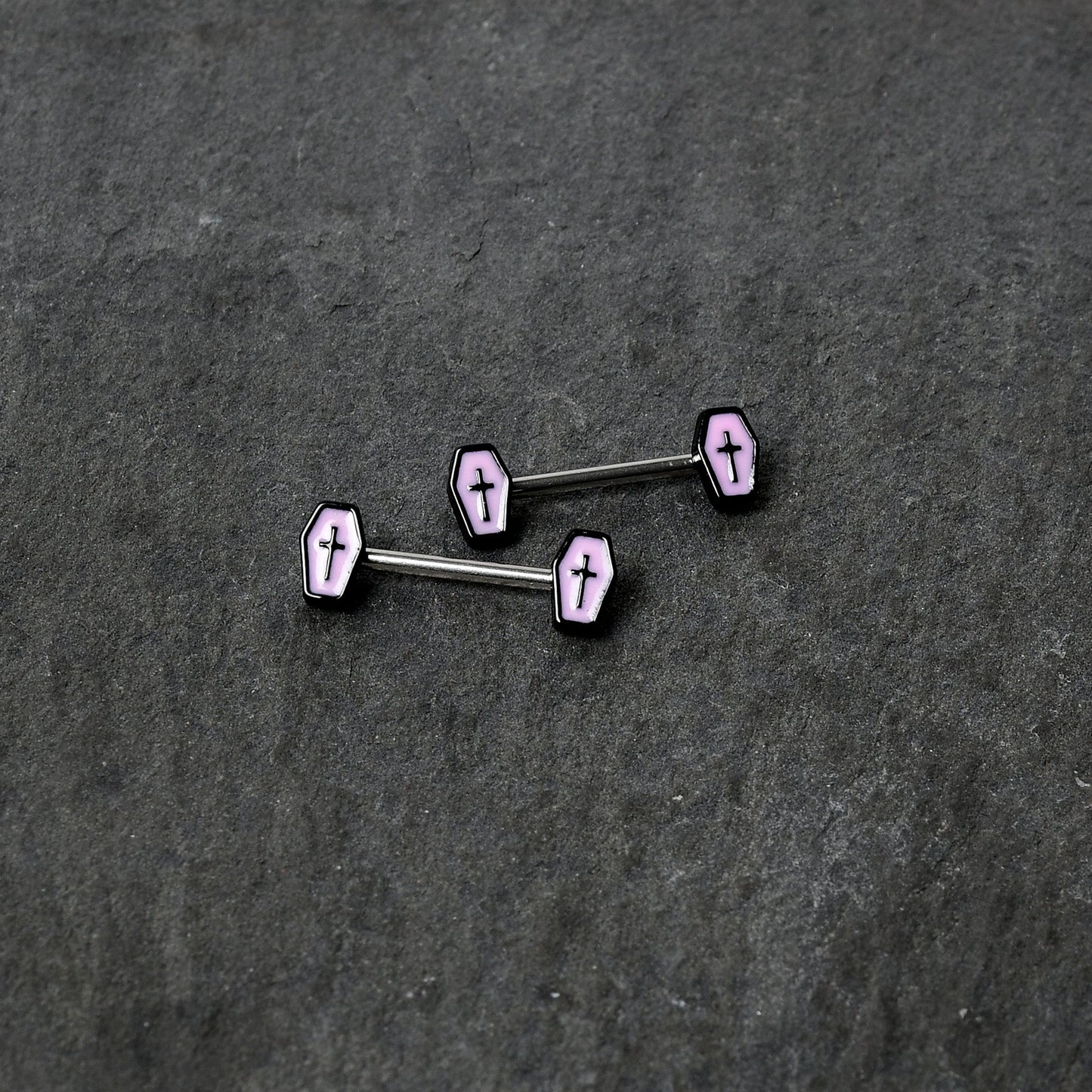 14G 9/16 Creepy Coffin Lt Purple Glow in the Dark Nipple Ring Set