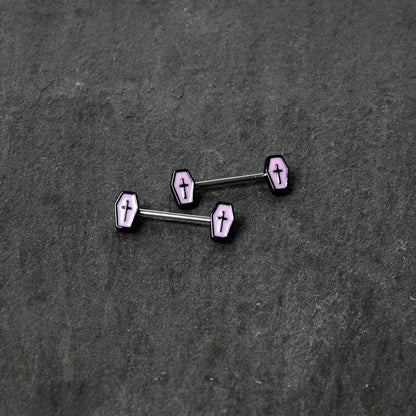 14G 9/16 Creepy Coffin Lt Purple Glow in the Dark Nipple Ring Set