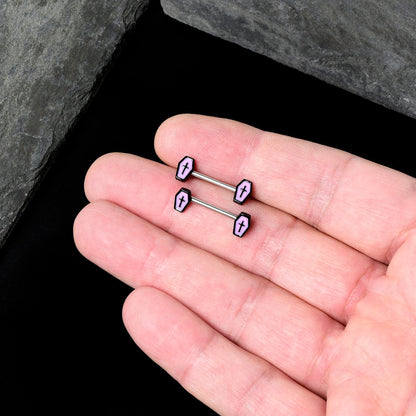 14G 9/16 Creepy Coffin Lt Purple Glow in the Dark Nipple Ring Set