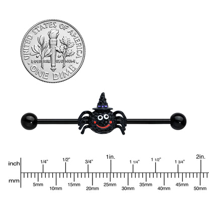 14G Black Halloween Smiling Witch Spider Industrial Barbell 38mm