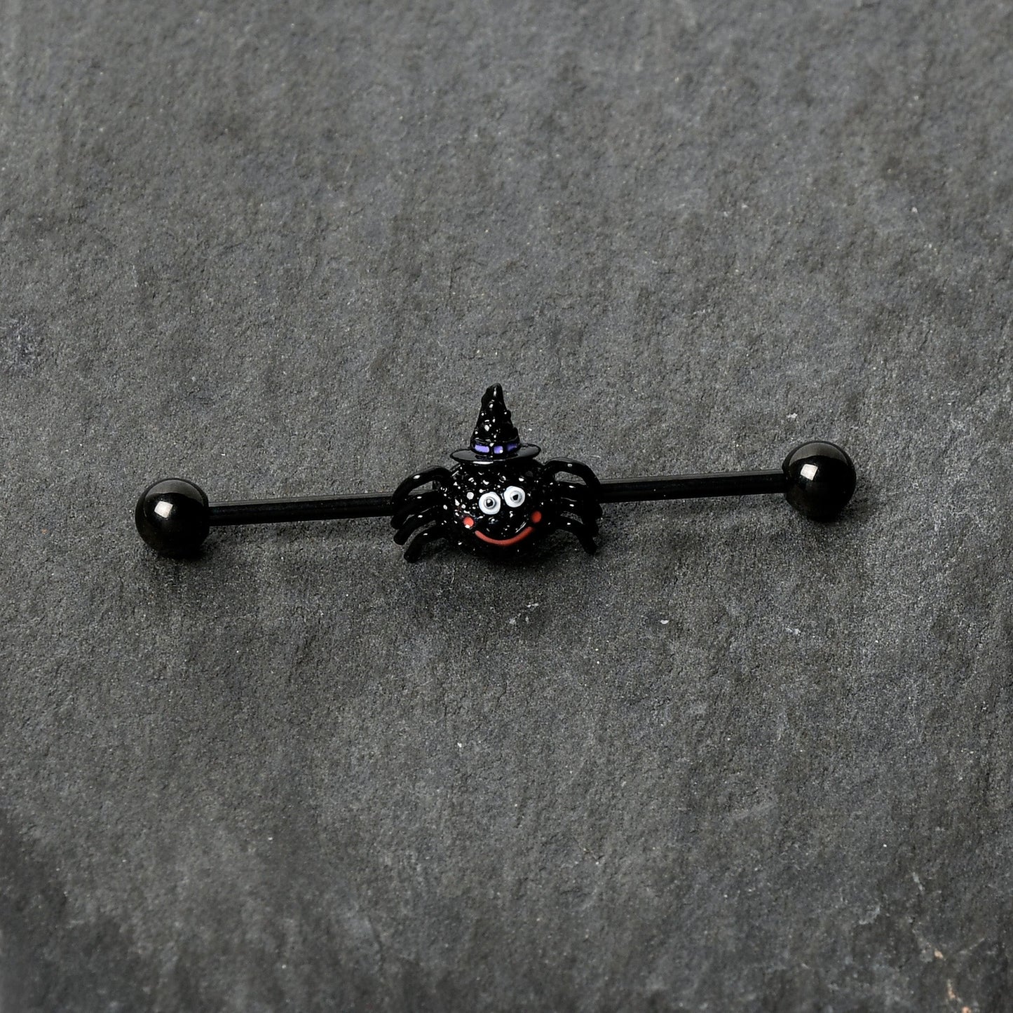 14G Black Halloween Smiling Witch Spider Industrial Barbell 38mm