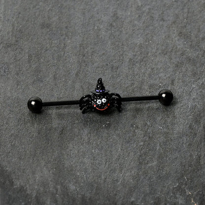 14G Black Halloween Smiling Witch Spider Industrial Barbell 38mm