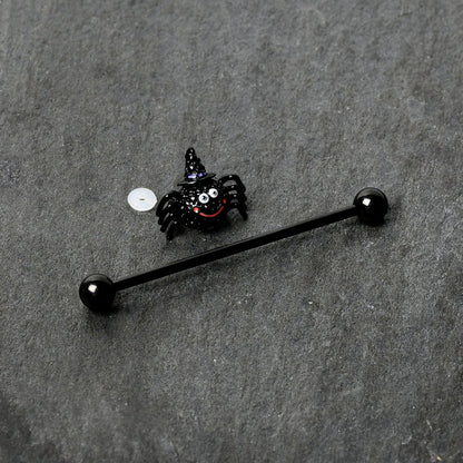 14G Black Halloween Smiling Witch Spider Industrial Barbell 38mm