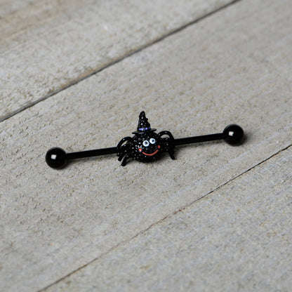 14G Black Halloween Smiling Witch Spider Industrial Barbell 38mm