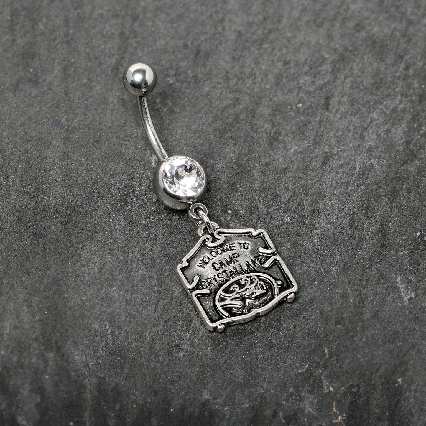 Officially Licensed Friday the 13th Clear Gem Camp Sign Dangle Belly Ring