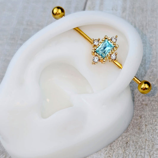 14G Blue Clear Gem Gold Tone Regal Seal Industrial Barbell 38mm