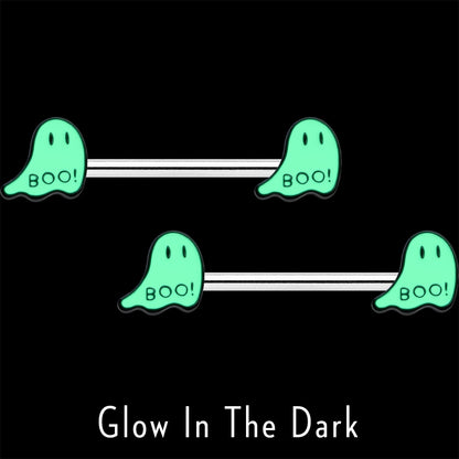 14G 9/16 Halloween Ghost Glow in the Dark Barbell Nipple Ring Set