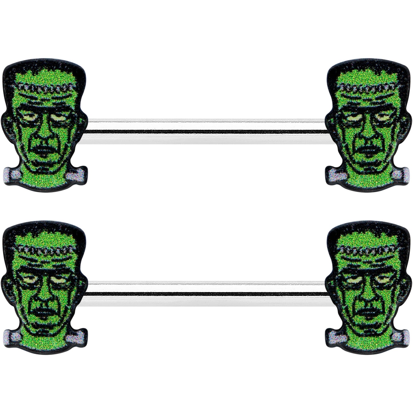 14G 9/16 Frankenstein Head Green Glow in the Dark Nipple Ring Set