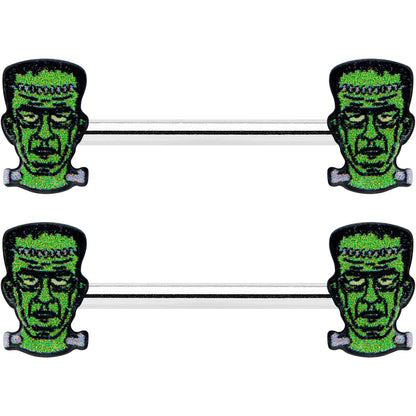 14G 9/16 Frankenstein Head Green Glow in the Dark Nipple Ring Set