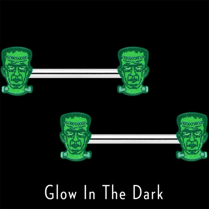 14G 9/16 Frankenstein Head Green Glow in the Dark Nipple Ring Set