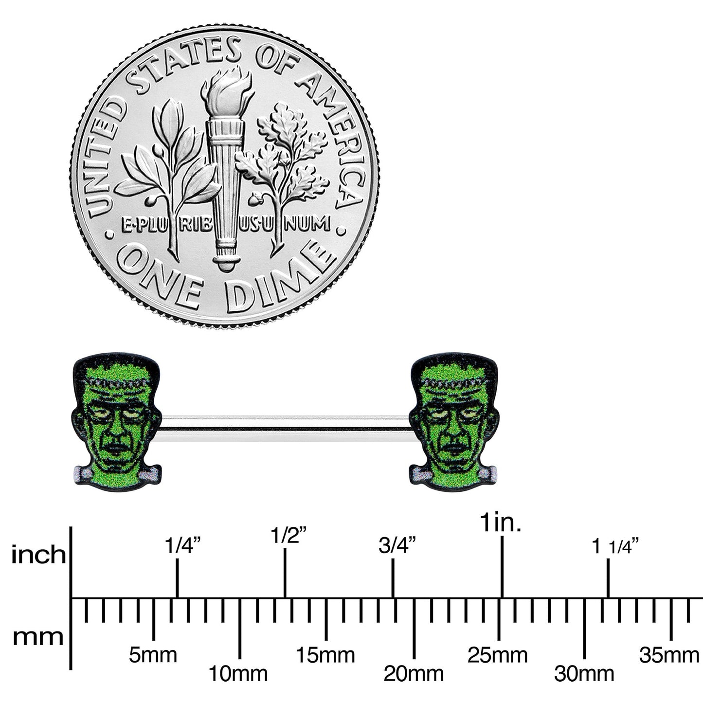 14G 9/16 Frankenstein Head Green Glow in the Dark Nipple Ring Set