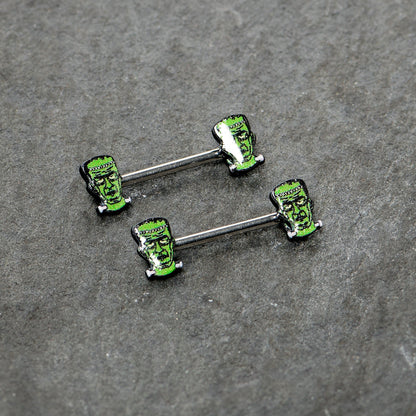 14G 9/16 Frankenstein Head Green Glow in the Dark Nipple Ring Set