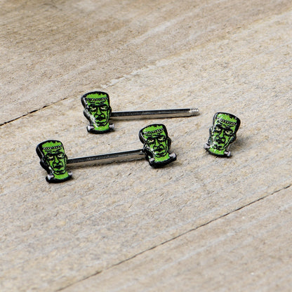 14G 9/16 Frankenstein Head Green Glow in the Dark Nipple Ring Set