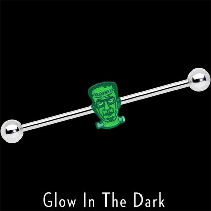 14G Frankenstein Head Green Glow in Dark Industrial Barbell 38mm