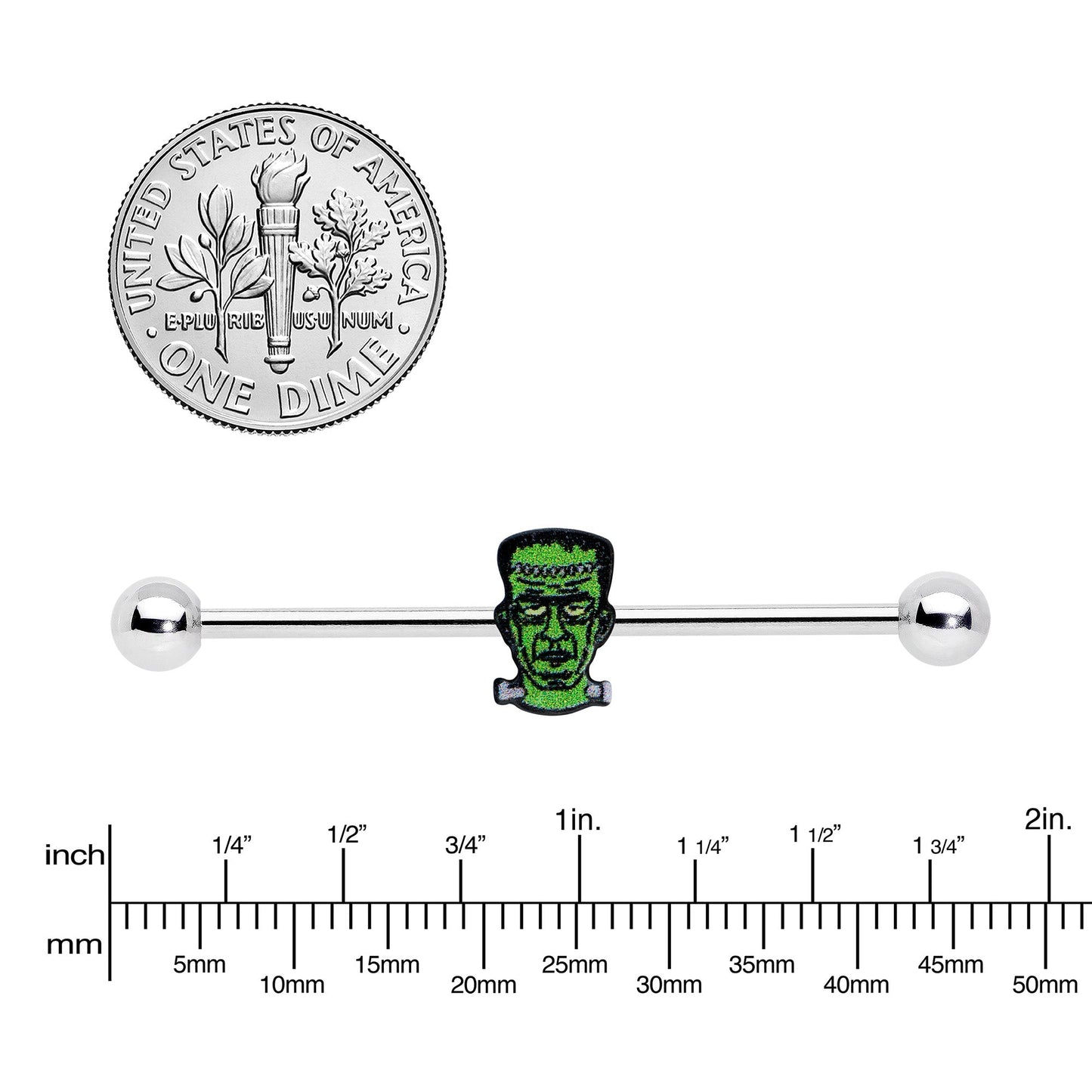 14G Frankenstein Head Green Glow in Dark Industrial Barbell 38mm